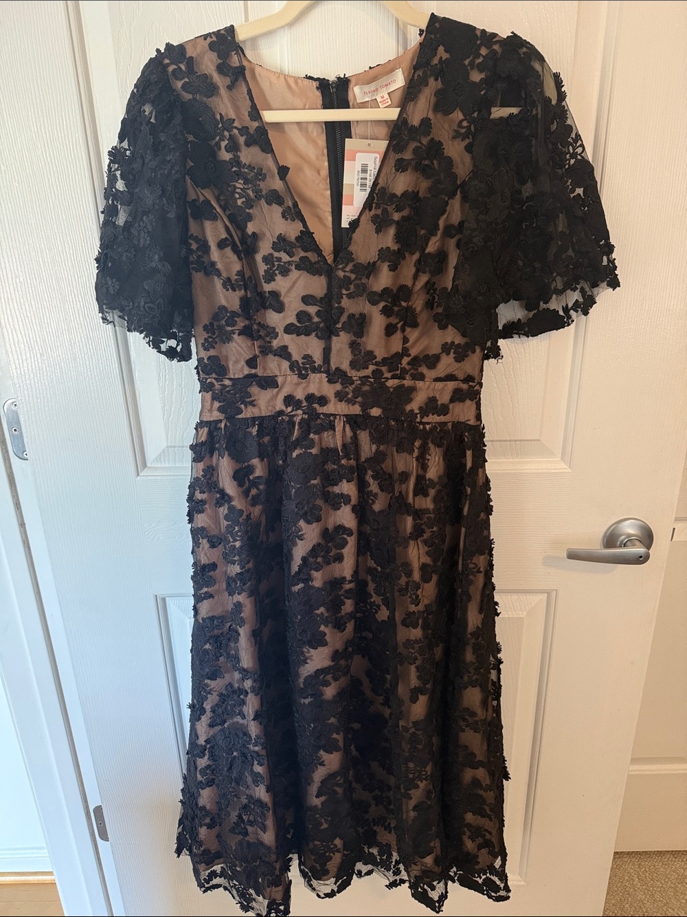 Flying Tomato Black Lace Midi Dress with Nude Underlay